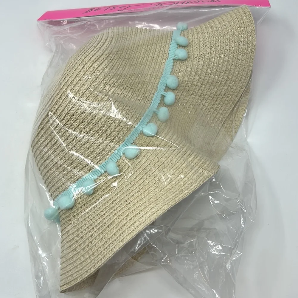 Betsey Johnson Girl’s Straw Blue Pom Pom Detail Summer Beach Hat